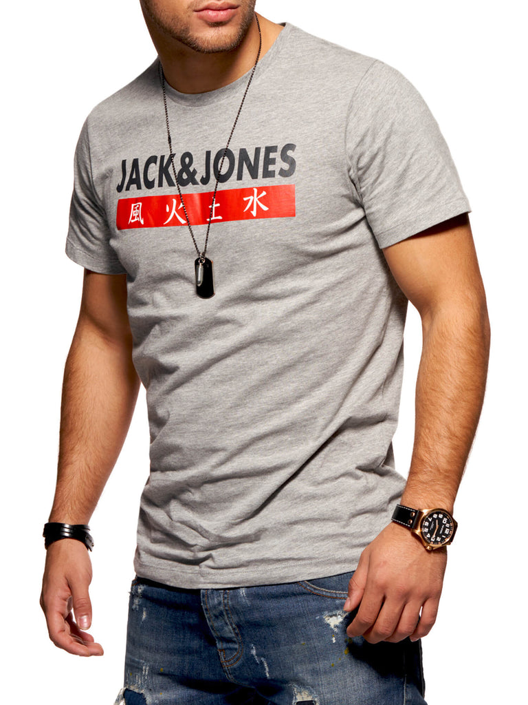 Jack & Jones Herren T-Shirt ELEMENTS Kurzarmshirt Logo Print Light Grey Melange