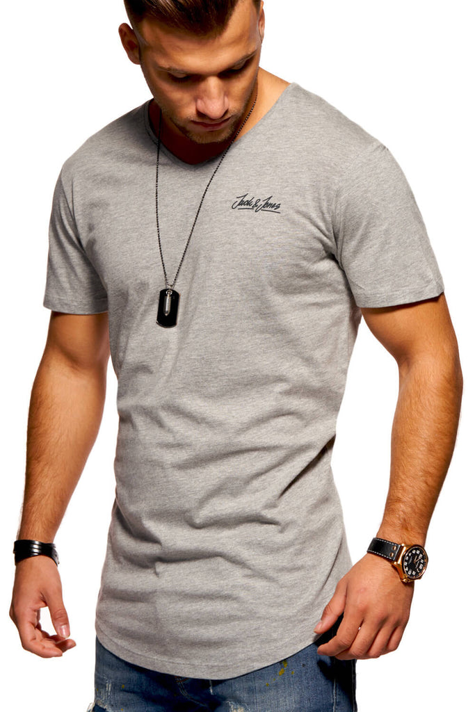 Jack & Jones Herren V-Neck T-Shirt NEWRAR Oversize Longshirt Light Grey Melange