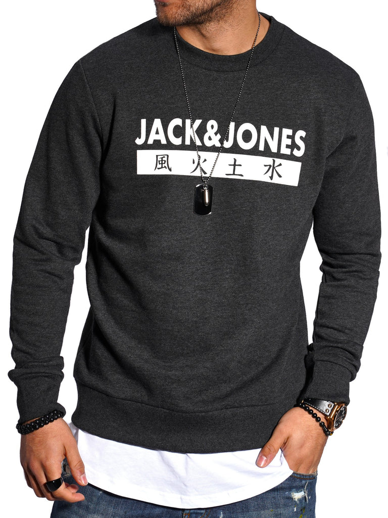Jack & Jones Herren Sweatshirt mit Print ELEMENTS Rundhals Pullover Dark Grey Melange
