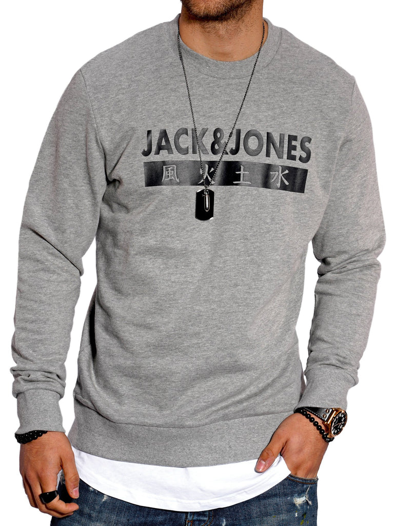 Jack & Jones Herren Sweatshirt mit Print ELEMENTS Rundhals Pullover Light Grey Melange