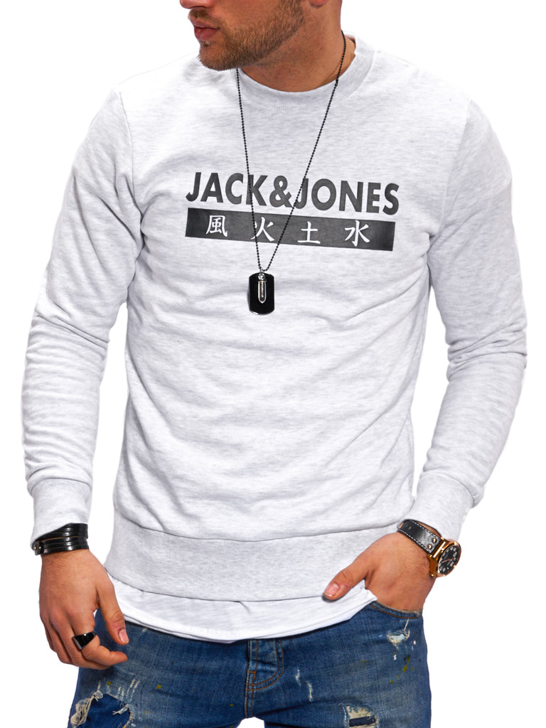 Jack & Jones Herren Sweatshirt mit Print ELEMENTS Rundhals Pullover White Melange