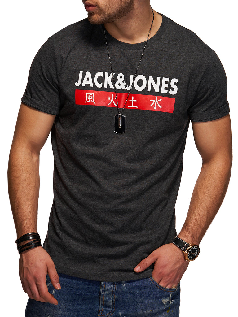 Jack & Jones Herren T-Shirt ELEMENTS Kurzarmshirt Logo Print Dark Grey Melange