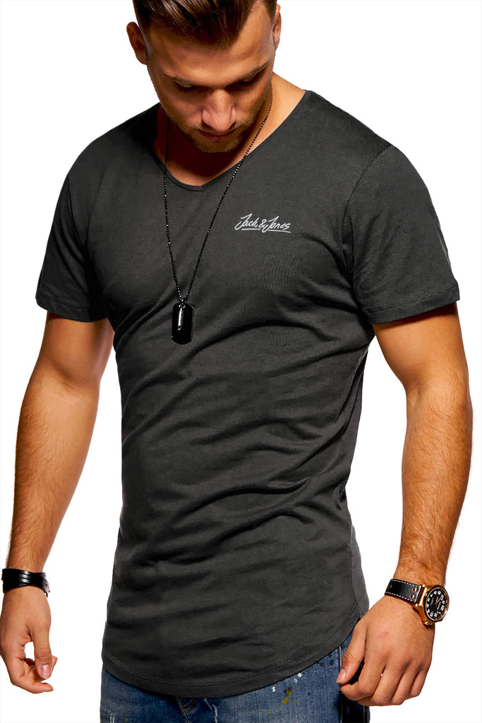 Jack & Jones Herren V-Neck T-Shirt NEWRAR Oversize Longshirt Dark Grey Melange