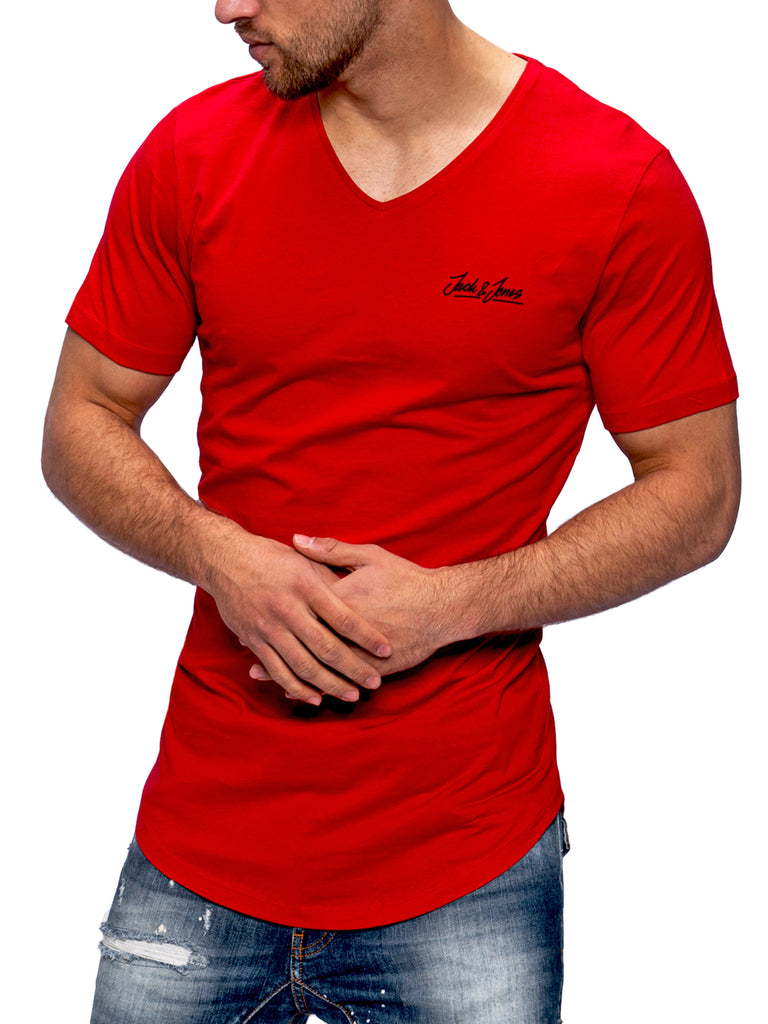 Jack & Jones Herren V-Neck T-Shirt NEWRAR Oversize Longshirt Tango Red